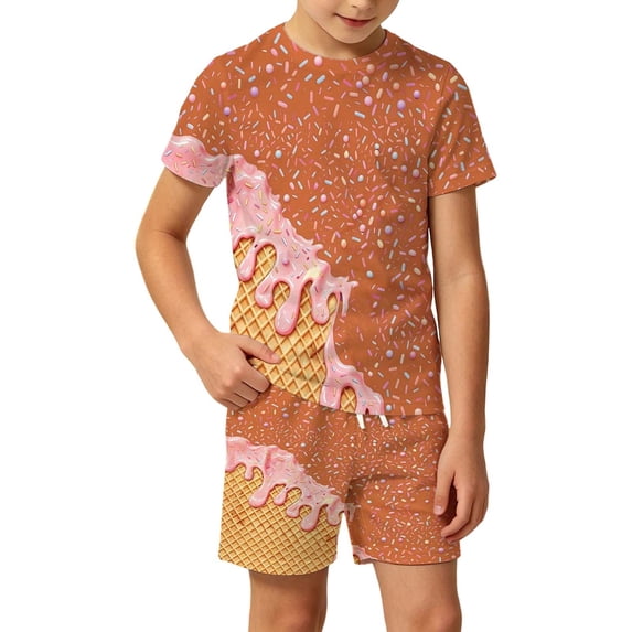 BOOMNY Boys 2 Peice Clothes Set Ice Cream Graphic Long Sleeve Tshirts Shorts Outfits for Kids Comfy Clothing Set
