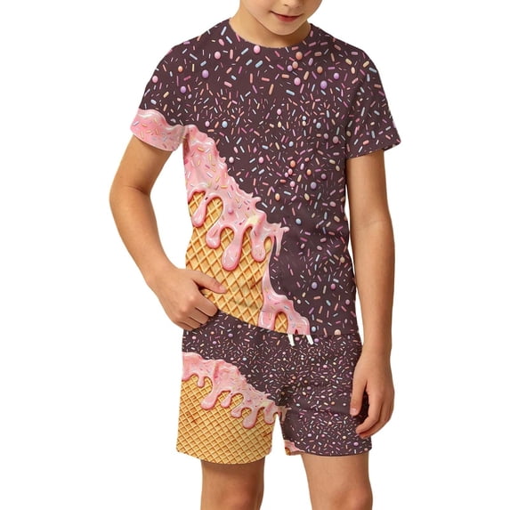 BOOMNY Boys 2 Peice Clothes Set Ice Cream Graphic Long Sleeve Tshirts Shorts Outfits for Kids Comfy Clothing Set