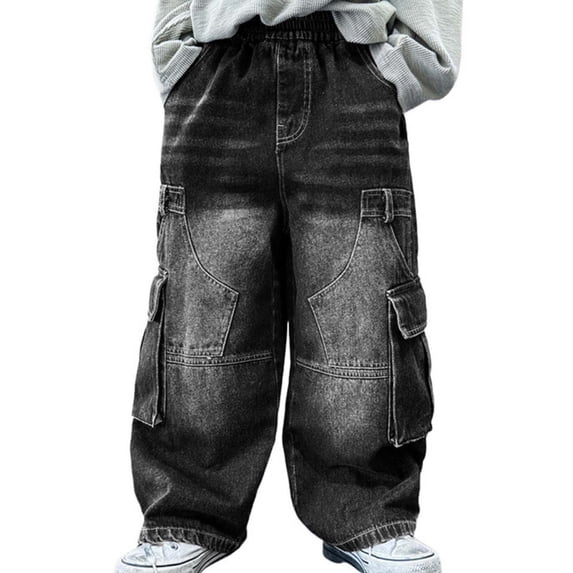 BOOMNY Boys Baggy Jeans Elastic Waist Solid Y2K Wide Leg Lightweight Denim Pants With Pocket, Sizes 5-6 Years
