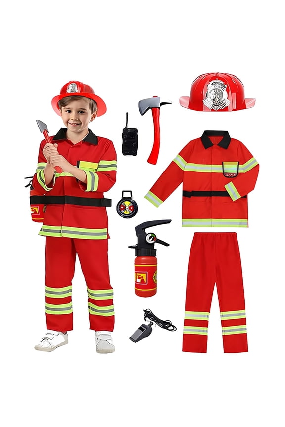 Boys Fireman Dress Up Fashion Long Sleeve Buttons Shirts Pants With Hat Funny Stage Performance Clothes Set