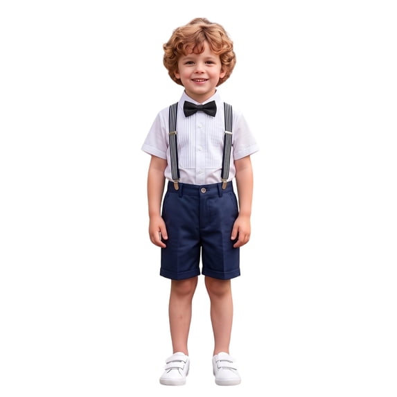 BOOMNY Boys School Uniform Outfit Sets British Short Sleeve Shirts Suspender Shorts Outfits for Kids Elegant Formal Wedding Outfits