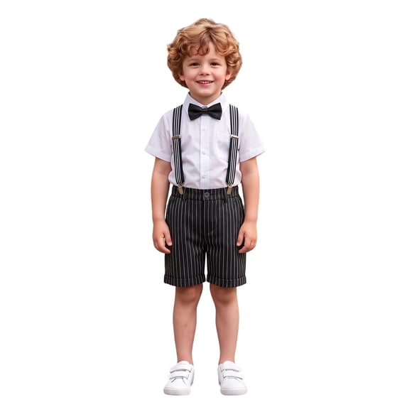 BOOMNY Boys School Uniform Outfit Sets British Short Sleeve Shirts Suspender Shorts Outfits for Kids Elegant Formal Wedding Outfits