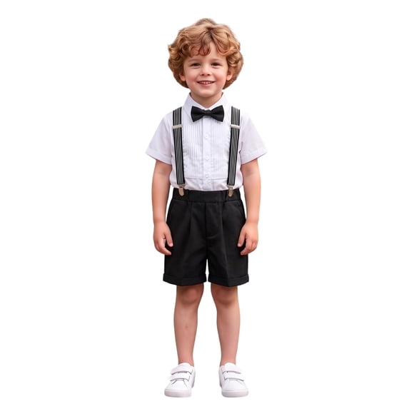 BOOMNY Boys School Uniform Outfit Sets British Short Sleeve Shirts Suspender Shorts Outfits for Kids Elegant Formal Wedding Outfits