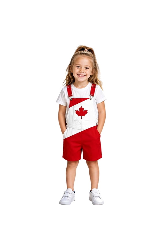 Canada Day Girl'S Short Bib Overalls Baggy Shortalls for Girl Patriotic Maple Leave Graphic Adjustable Strap Suspenders Shorts With Pocket