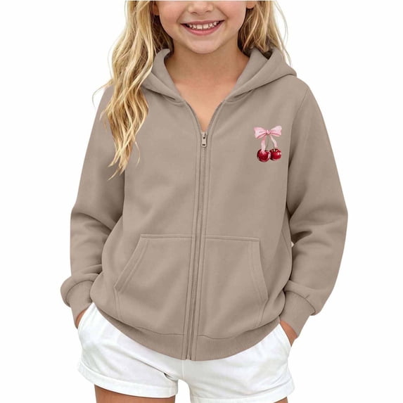 BOOMNY Child Girls Hoodie Zip Up Cherry Graphic Long Sleeve Hoodies for Kids Fashion Fall Winter Hooded Sweatshirts with Pocket