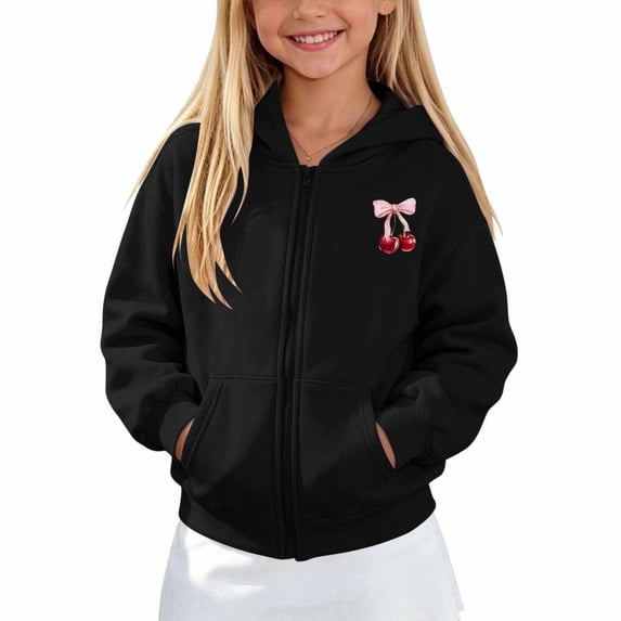 BOOMNY Child Girls Hoodie Zip Up Cherry Graphic Long Sleeve Hoodies for Kids Fashion Fall Winter Hooded Sweatshirts with Pocket