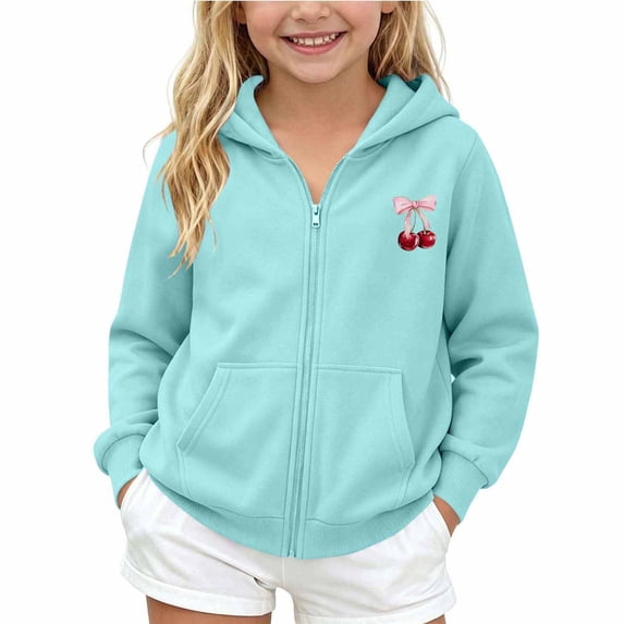 BOOMNY Child Girls Hoodie Zip Up Cherry Graphic Long Sleeve Hoodies for Kids Fashion Fall Winter Hooded Sweatshirts with Pocket