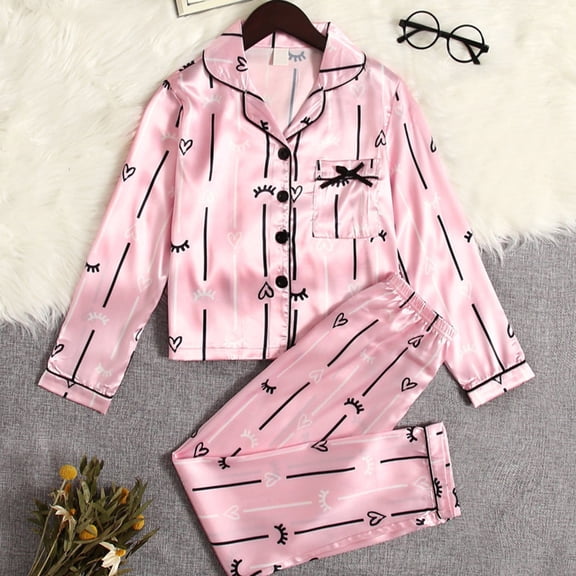 BOOMNY Child Girls Pajamas Sets 2 Peice Graphic Long Sleeve Buttons Satin Sleepwear Tops Pants Pjs Set for Kids Cozy Loungewear Homewear