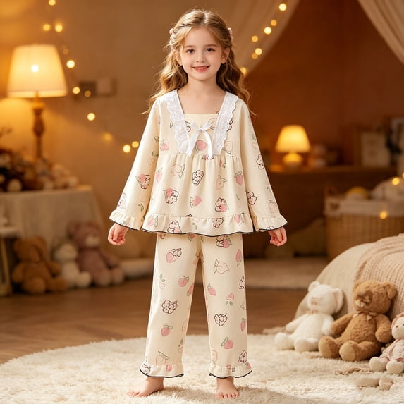 BOOMNY Child Girls Pajamas Sets 2 Peice Graphic Long Sleeve Lace Sleepwear Tops Pants Pjs Set for Kids Cozy Loungewear Homewear