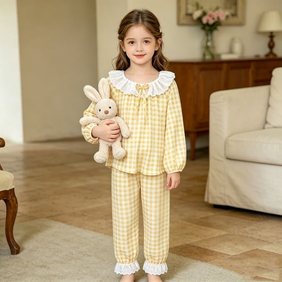 BOOMNY Child Girls Pajamas Sets 2 Peice Plaid Long Sleeve Lace Sleepwear Tops Pants Pjs Set for Kids Cozy Loungewear Homewear