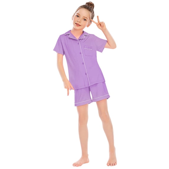 BOOMNY Child Girls Pajamas Sets 2 Peice Soft Short Sleeve Buttons Sleepwear Tops Shorts Pjs Set for Kids Cozy Loungewear Homewear