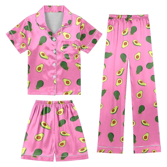 BOOMNY Child Girls Pajamas Sets 3 Peice Graphic Short Sleeve Satin Sleepwear Tops Pants Shorts Pjs Set for Kids Cozy Loungewear Homewear