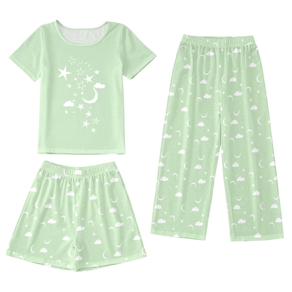 BOOMNY Child Girls Pajamas Sets 3 Peice Graphic Short Sleeve Sleepwear Tops Pants Shorts Pjs Set for Kids Cozy Loungewear Homewear