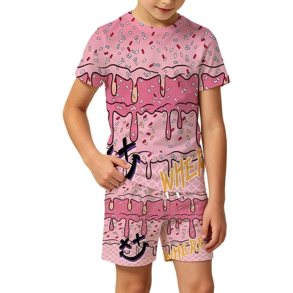BOOMNY Children Boys Outfit Sets 2 Peice Ice Cream Graphic Long Sleeve Tshirts Shorts Outfits for Kids Comfy Clothing Set