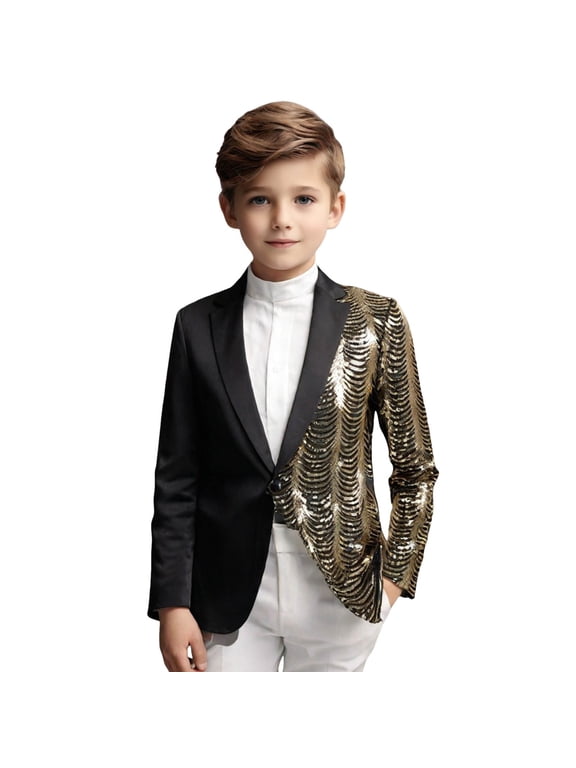 Children Prom Party Suit Solid Color Fashion Sequin Slim Fit Long Sleeve Youth Lapel Casual Coat Versatile Toddler Dailywear