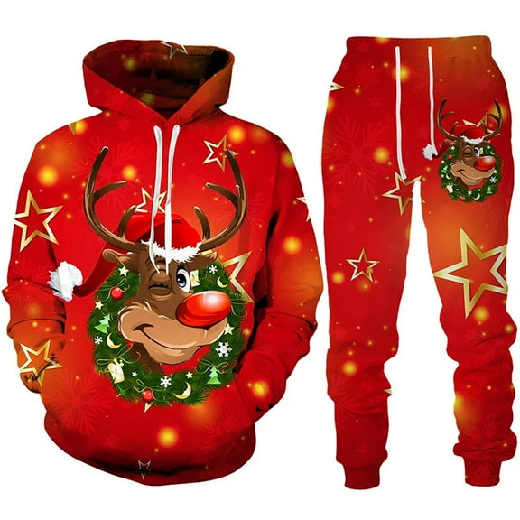 BOOMNY Christams Men Sweatsuits Set Xmas Deer Graphic Hoodies Sweatpants 2Pcs Gym Sweat Suits Running Jogging Fall Winter Athletic Tracksuit Outfits