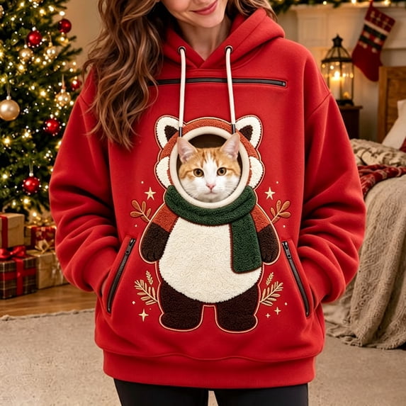 BOOMNY Christmas Pet Pouch Hoodie for Women Cute Animal Graphic Cat Dog Hoodies for Women Kangaroo Pocket Warm Winter Animal Holder