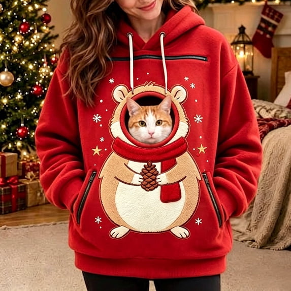 BOOMNY Christmas Pet Pouch Hoodie for Women Cute Animal Graphic Cat Dog Hoodies for Women Kangaroo Pocket Warm Winter Animal Holder