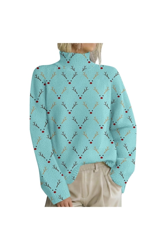 Christmas Womens Sweaters Long Sleeve Sweaters for Women Xmas Deer Embroidery Turtleneck Warm Knit Pullover Trendy Tops 2025 Fall Winter Knitwear