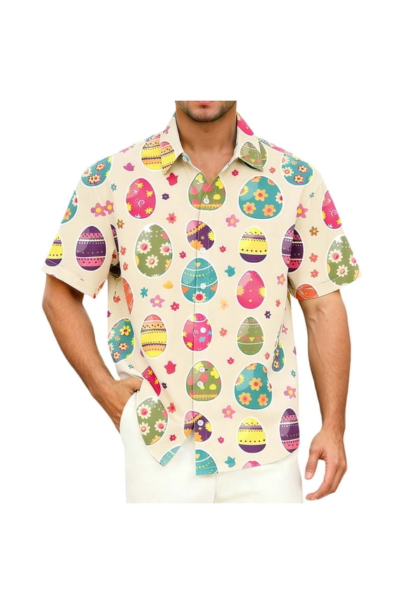 BOOMNY Easter Mens Buttons Down Shirts Short Sleeve Shirts for Men Trendy Cartoon Bunny Egg Graphic Lapel Soft Lightweight Tops