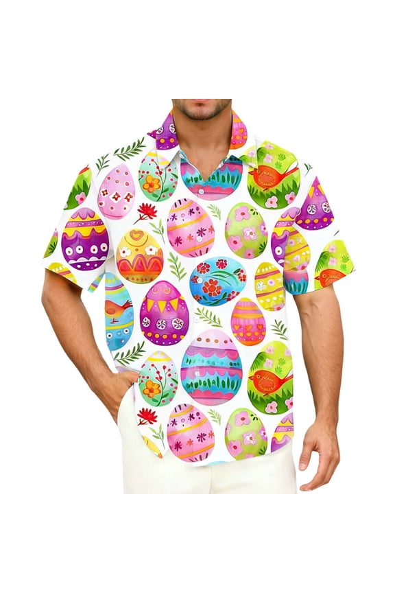 BOOMNY Easter Mens Buttons Down Shirts Short Sleeve Shirts for Men Trendy Cartoon Bunny Egg Graphic Lapel Soft Lightweight Tops
