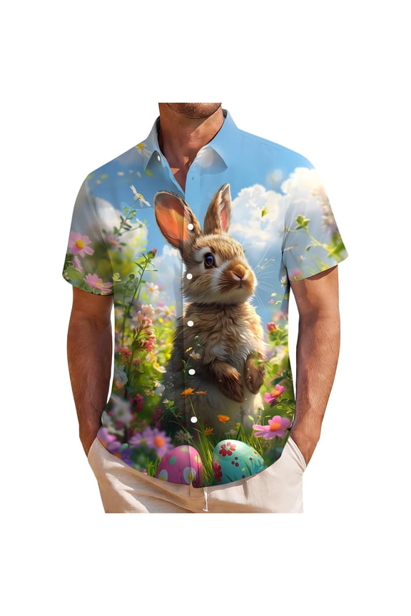 BOOMNY Easter Mens Buttons Down Shirts Short Sleeve Shirts for Men Trendy Cartoon Bunny Egg Graphic Lapel Soft Lightweight Tops