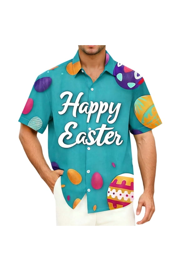 BOOMNY Easter Mens Buttons Down Shirts Short Sleeve Shirts for Men Trendy Cartoon Bunny Egg Graphic Lapel Soft Lightweight Tops