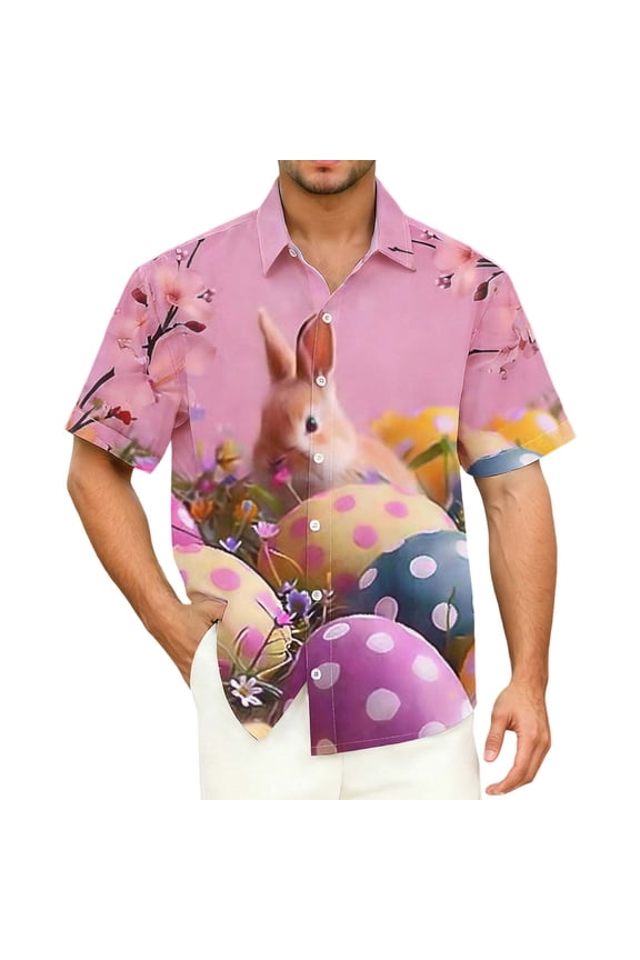 BOOMNY Easter Mens Buttons Down Shirts Short Sleeve Shirts for Men Trendy Cartoon Bunny Egg Graphic Lapel Soft Lightweight Tops