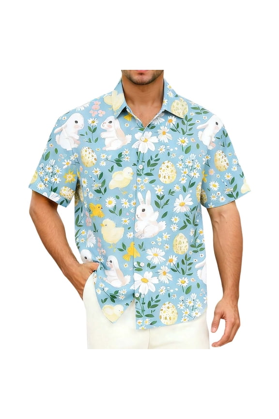 BOOMNY Easter Mens Buttons Down Shirts Short Sleeve Shirts for Men Trendy Cartoon Bunny Egg Graphic Lapel Soft Lightweight Tops