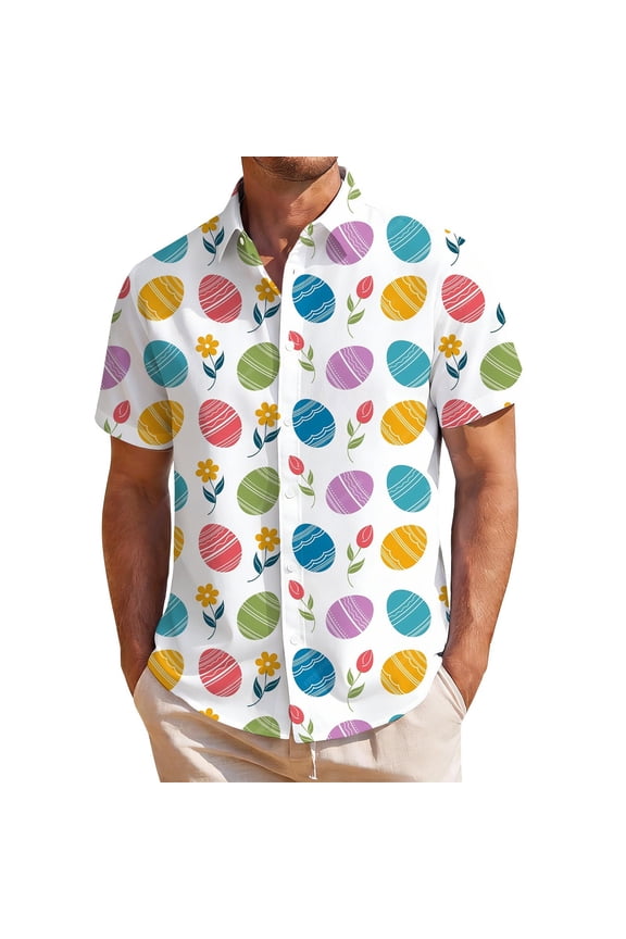BOOMNY Easter Mens Buttons Down Shirts Short Sleeve Shirts for Men Trendy Cartoon Bunny Egg Graphic Lapel Soft Lightweight Tops