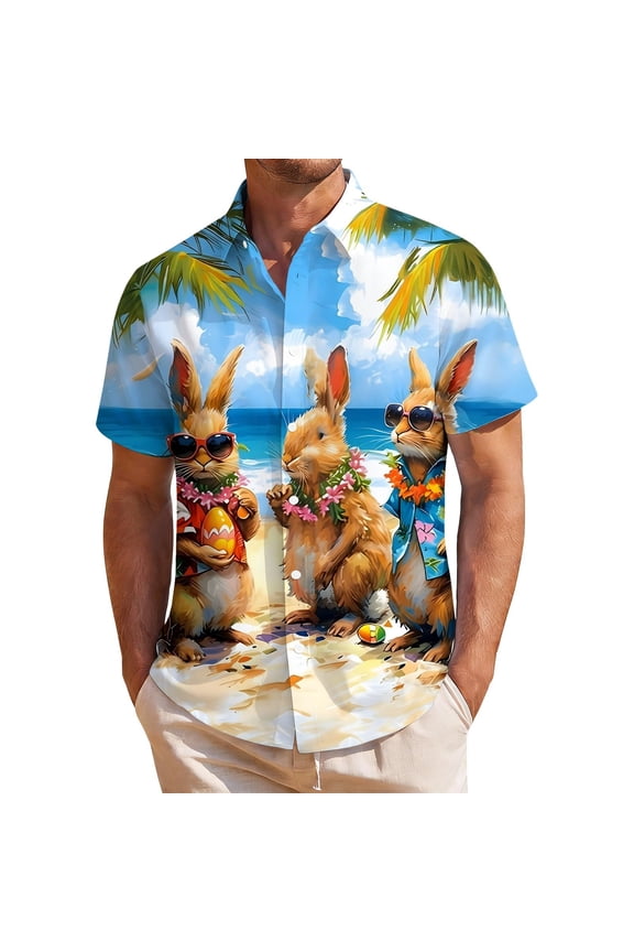 BOOMNY Easter Mens Buttons Down Shirts Short Sleeve Shirts for Men Trendy Cartoon Bunny Egg Graphic Lapel Soft Lightweight Tops