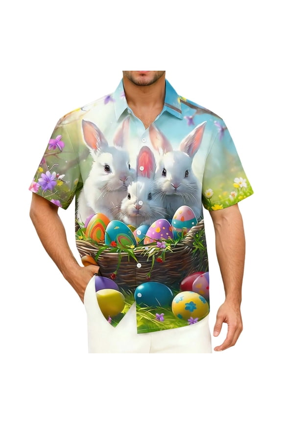 BOOMNY Easter Mens Buttons Down Shirts Short Sleeve Shirts for Men Trendy Cartoon Bunny Egg Graphic Lapel Soft Lightweight Tops