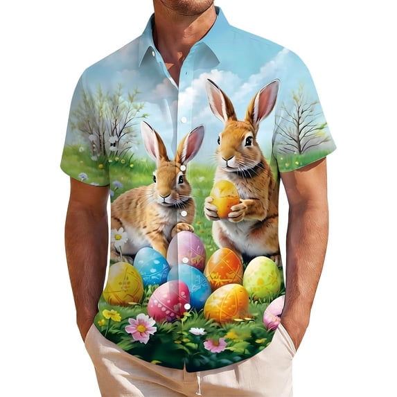 CONZONE Easter Mens Buttons Down Shirts Short Sleeve Shirts for Men Trendy Cartoon Bunny Egg Graphic Lapel Soft Lightweight Tops