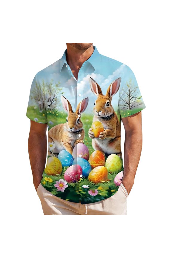 BOOMNY Easter Mens Buttons Down Shirts Short Sleeve Shirts for Men Trendy Cartoon Bunny Egg Graphic Lapel Soft Lightweight Tops