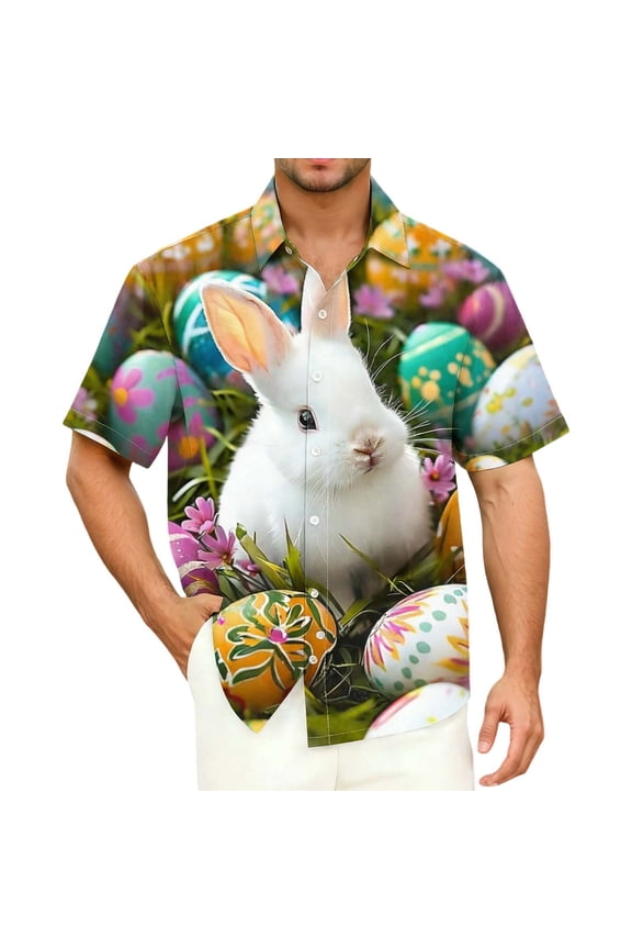 BOOMNY Easter Mens Buttons Down Shirts Short Sleeve Shirts for Men Trendy Cartoon Bunny Egg Graphic Lapel Soft Lightweight Tops