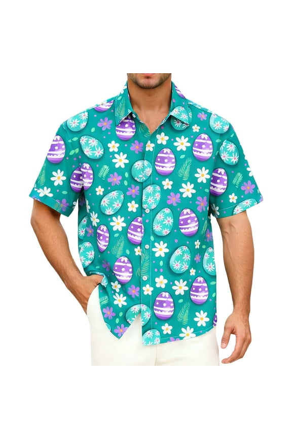BOOMNY Easter Mens Buttons Down Shirts Short Sleeve Shirts for Men Trendy Cartoon Bunny Egg Graphic Lapel Soft Lightweight Tops