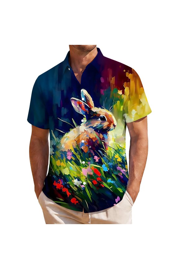 BOOMNY Easter Mens Buttons Down Shirts Short Sleeve Shirts for Men Trendy Cartoon Bunny Egg Graphic Lapel Soft Lightweight Tops
