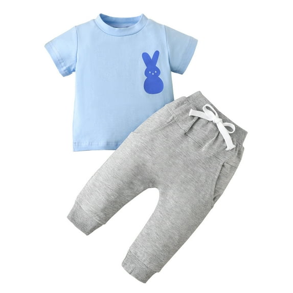 BOOMNY Easter Toddler Boys Outfit Sets 2 Peice Clothes Set for Kids Cartoon Bunny Print Short Sleeve Tops Pants Cozy Soft Clothing for Children