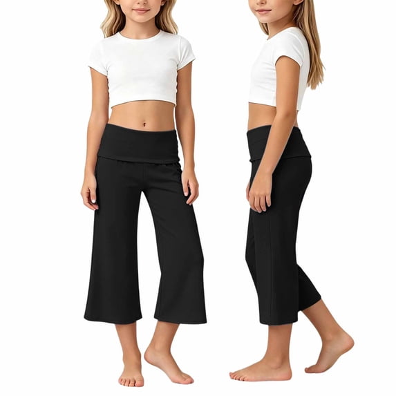 BOOMNY Girl's Capri Flared Leggings Wide Leg Pleated Bell Bottom Pants for Kids Trendy Elastic Waist Solid Workout Yoga Pants
