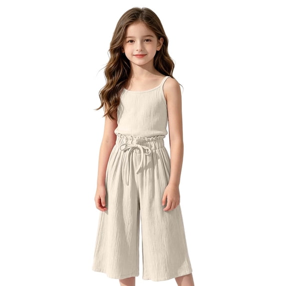BOOMNY Girl's Cotton Linen Pants Wide Leg Pants for Kids Trendy Elastic Waist Drawstring Solid Summer Beach Trousers With Pockets