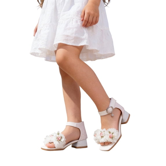 BOOMNY Girl's Sandals Open Toe Low Heels Sandals for Kids Ankle Strap Floral Elegant Wedding Princess Shoes