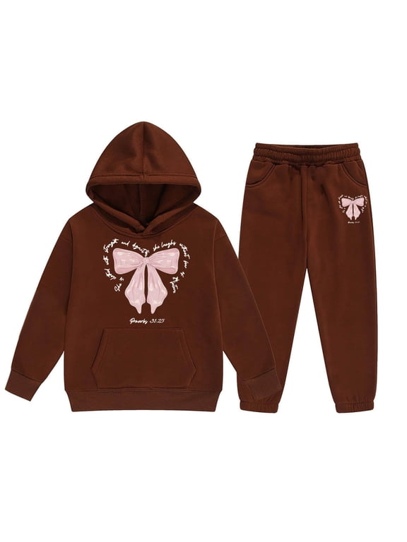 Girls 2 Peice Sweatsuits Bowknot Graphic Y2K Long Sleeve Hoodies Sweatpants Sets for Kids Warm Winter Thick Track Suits