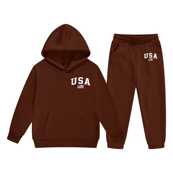 BOOMNY Girls 2 Peice Sweatsuits Usa Flag Graphic Long Sleeve Hoodies Sweatpants Sets for Kids Warm Winter Thick Track Suits