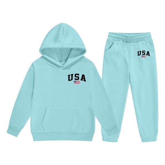 BOOMNY Girls 2 Peice Sweatsuits Usa Flag Graphic Long Sleeve Hoodies Sweatpants Sets for Kids Warm Winter Thick Track Suits