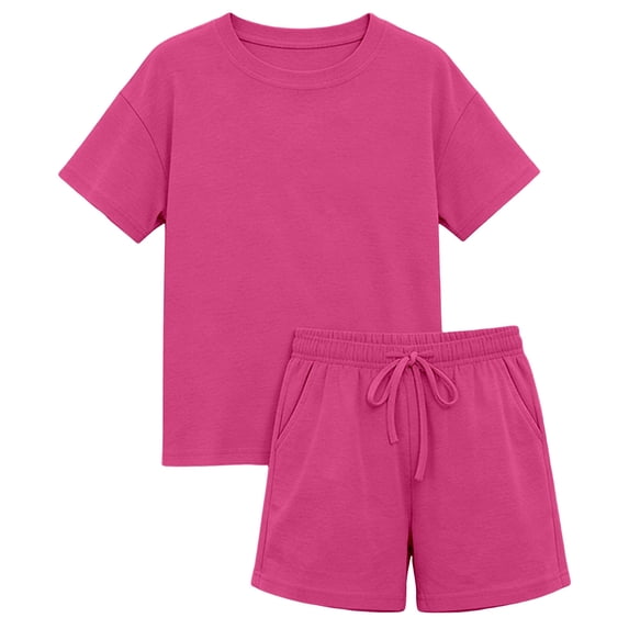 BOOMNY Girls 2 Peice Outfit Set Summer Clothes Set for Girls Short Sleeve Casual Solid Color Tops Shorts Cozy Kids Dailywear