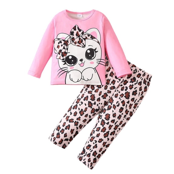 BOOMNY Girls 2 Peice Outfit Sets Cartoon Cat Graphic Long Sleeve Tops Pants Sets for Kids Comfy Clothing Set