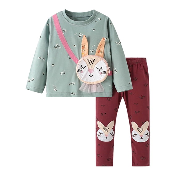 BOOMNY Girls 2 Peice Outfit Sets Cute Bunny Graphic Long Sleeve Tops Pants Sets for Kids Comfy Clothing Set
