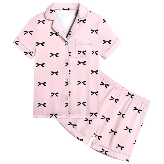 BOOMNY Girls 2 Peice Pajamas Sets Bowknot Graphic Short Sleeve Buttons Sleepwear Tops Shorts Pjs Set for Kids Cozy Loungewear Homewear