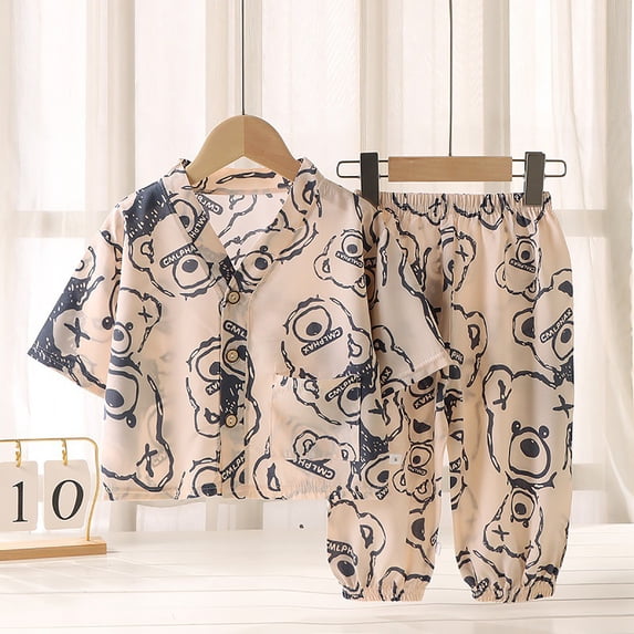 BOOMNY Girls 2 Peice Pajamas Sets Graphic Short Sleeve Buttons Sleepwear Tops Pants Pjs Set for Kids Cozy Loungewear Homewear