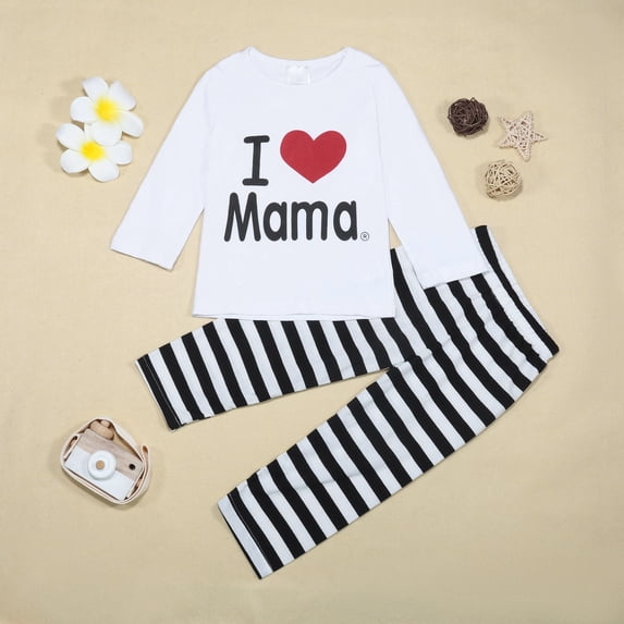 BOOMNY Girls 2 Peice Pajamas Sets I Love My Mom Graphic Long Sleeve Sleepwear Tops Pants Pjs Set for Kids Cozy Loungewear Homewear